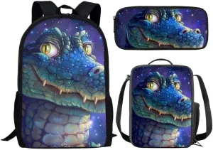 17 Inch Crocodile Print Backpack With Lunch Box Pencil Case For Kids Boys 3 Piece School Bookbag Sets For Elementary Middle