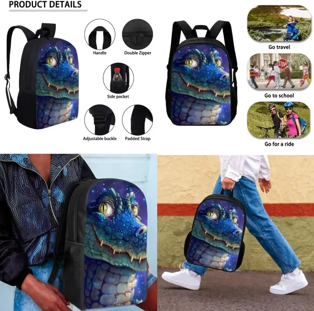 17 Inch Crocodile Print Backpack With Lunch Box Pencil Case For Kids Boys 3 Piece School Bookbag Sets For Elementary Middle