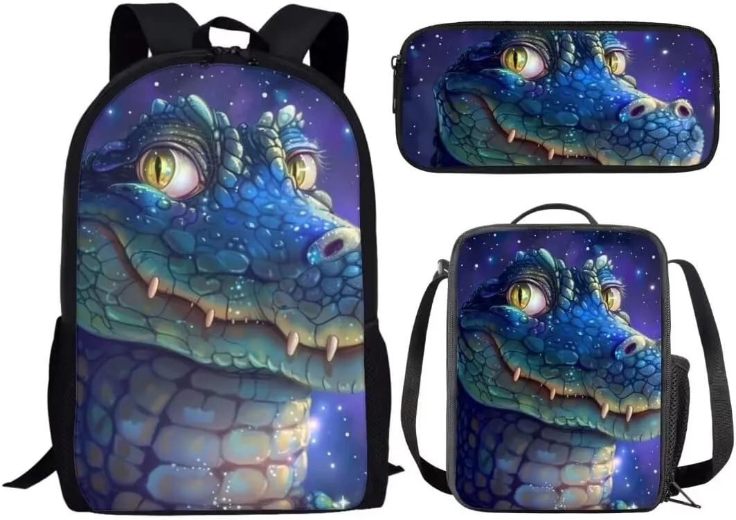 17 Inch Crocodile Print Backpack With Lunch Box Pencil Case For Kids Boys 3 Piece School Bookbag Sets For Elementary Middle