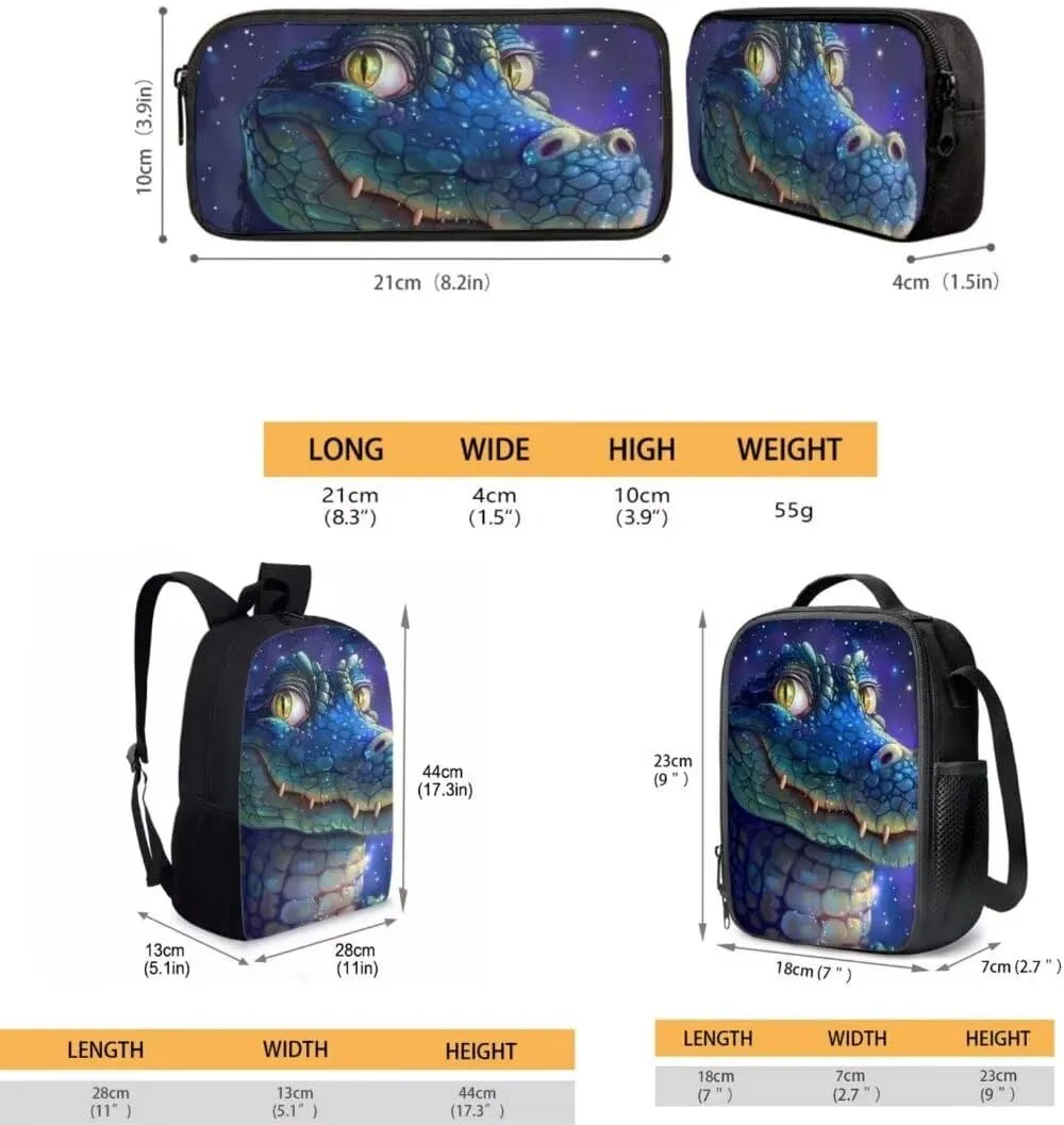 17 Inch Crocodile Print Backpack With Lunch Box Pencil Case For Kids Boys 3 Piece School Bookbag Sets For Elementary Middle