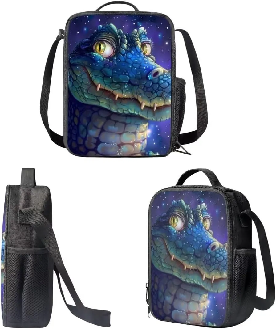 17 Inch Crocodile Print Backpack With Lunch Box Pencil Case For Kids Boys 3 Piece School Bookbag Sets For Elementary Middle