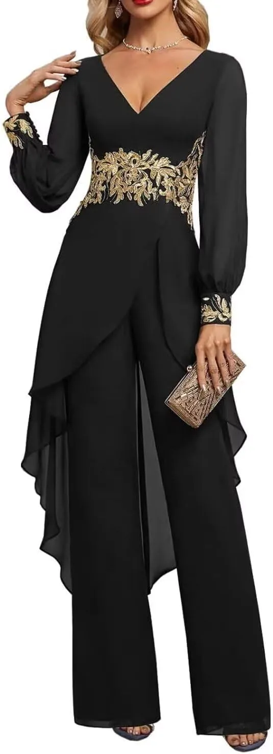 2 Pieces Mother of The Bride Pant Suits for Wedding Lace Appliques Chiffon Pantsuits for Wedding Guest