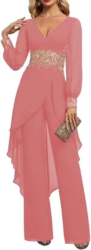 2 Pieces Mother of The Bride Pant Suits for Wedding Lace Appliques Chiffon Pantsuits for Wedding Guest