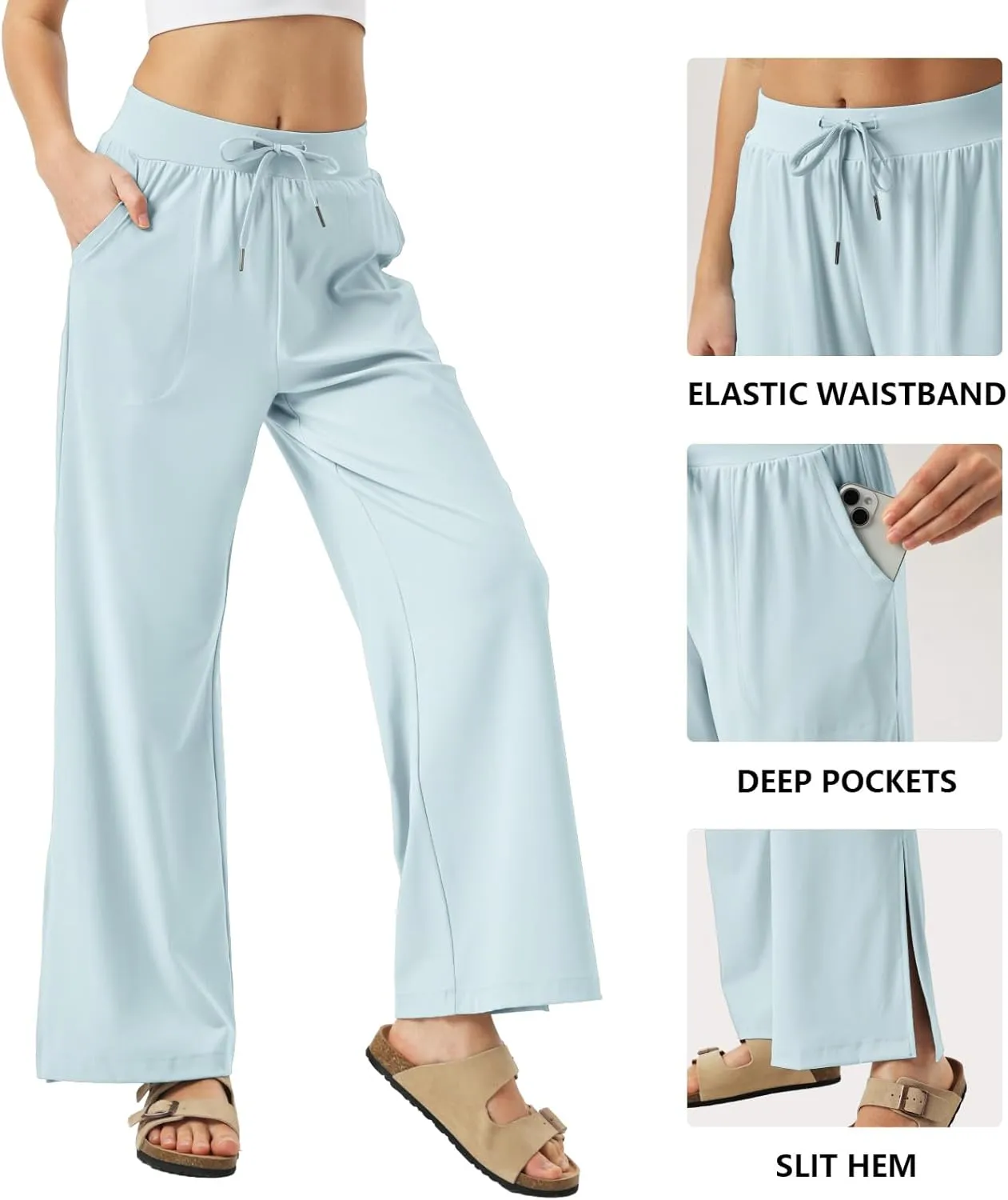 26"/28"/30" Inseam Womens Wide Leg Sweatpants Petite High Waist Summer Pants UPF50 Lightweight Beach with Pocket Split Leg