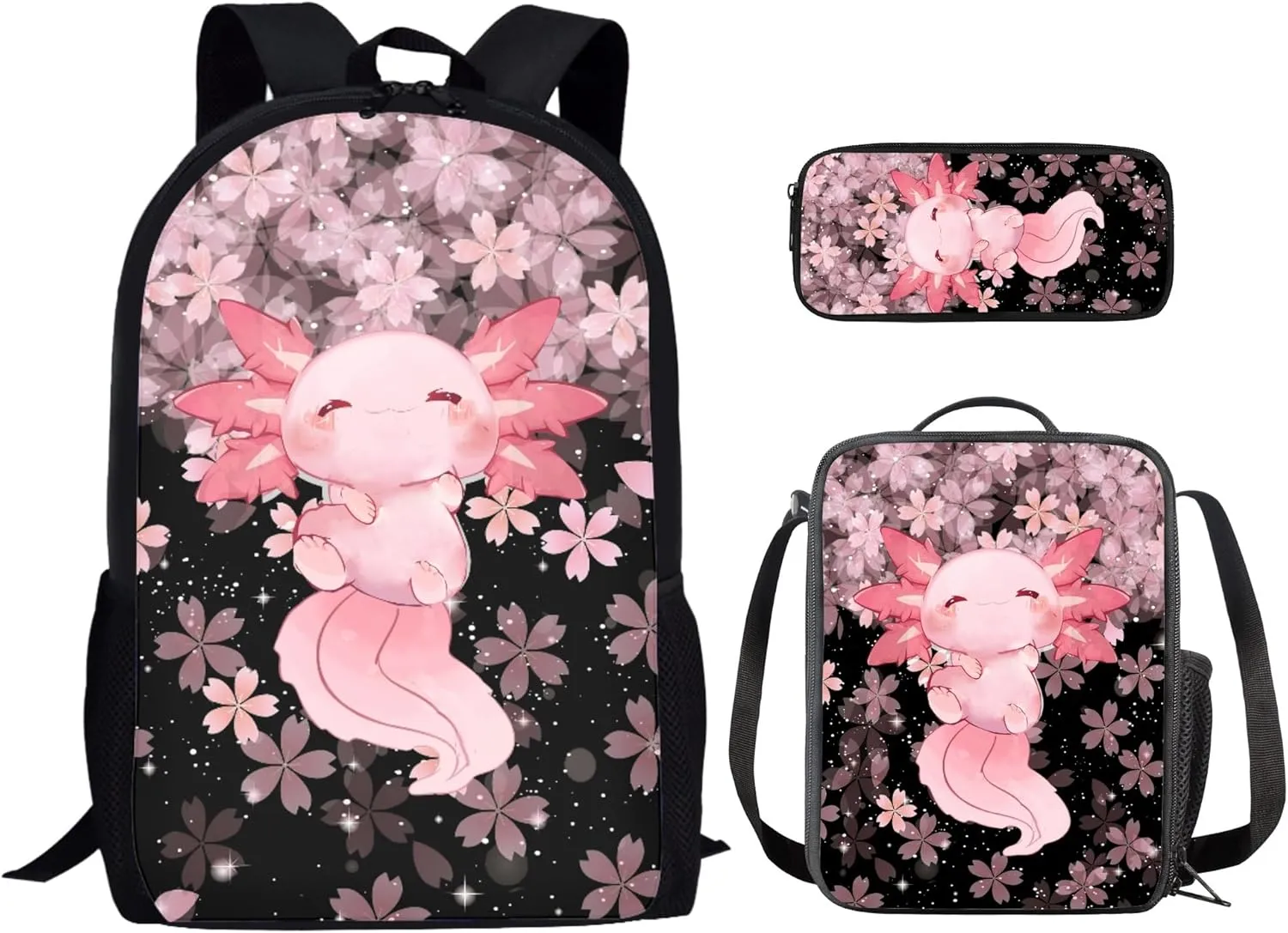 3 IN 1 Cute Axolotl Backpack Cherry Blossom School Bag Set for Kids Girls Children Schoolbag Primary Preschool Secondary School Backpack Kindergarten Bookbag