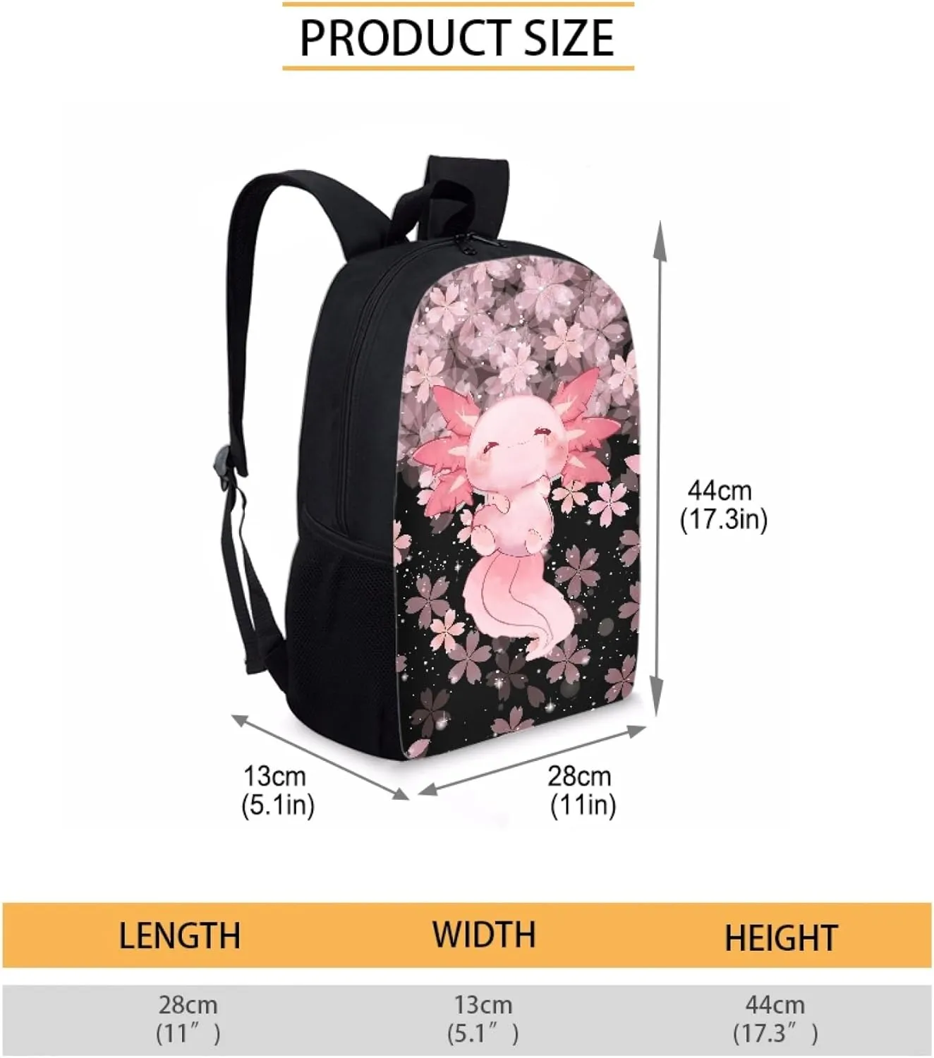 3 IN 1 Cute Axolotl Backpack Cherry Blossom School Bag Set for Kids Girls Children Schoolbag Primary Preschool Secondary School Backpack Kindergarten Bookbag