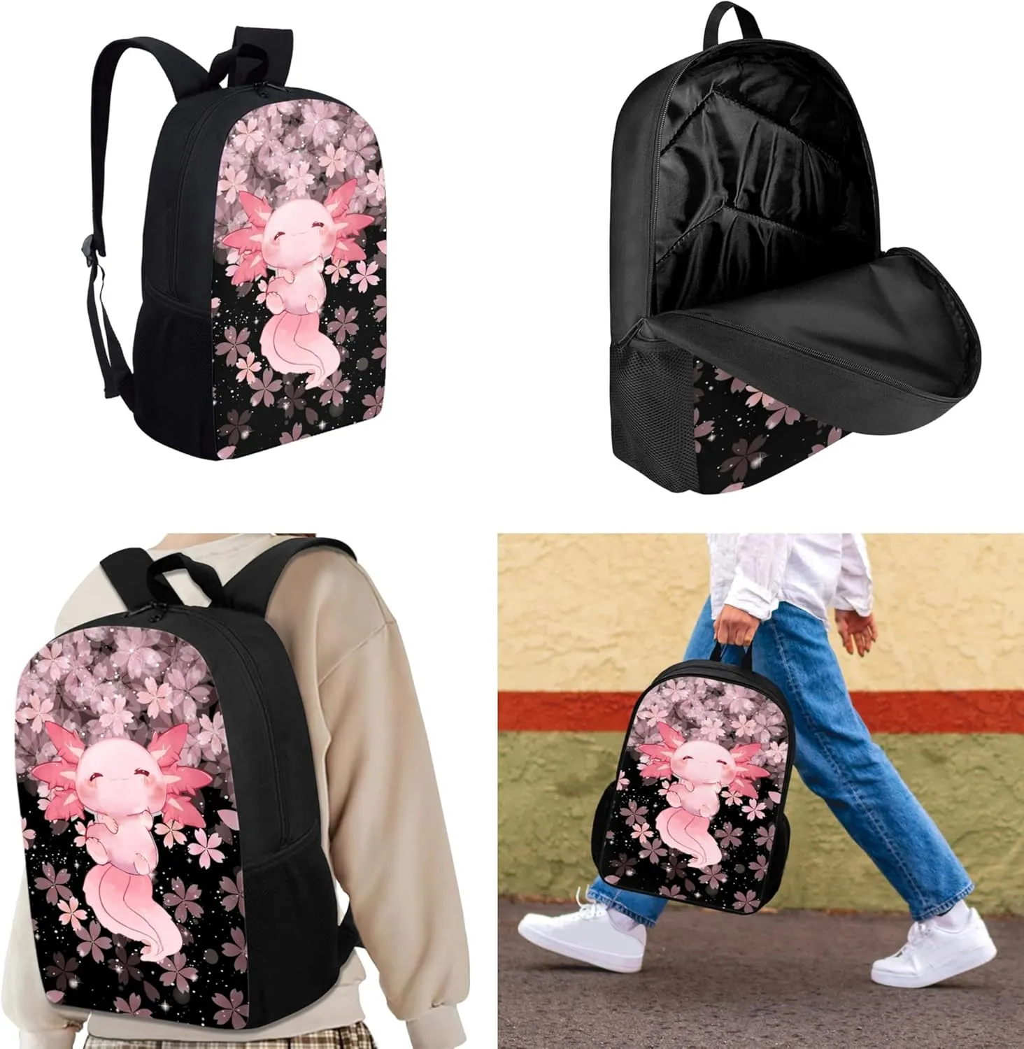 3 IN 1 Cute Axolotl Backpack Cherry Blossom School Bag Set for Kids Girls Children Schoolbag Primary Preschool Secondary School Backpack Kindergarten Bookbag