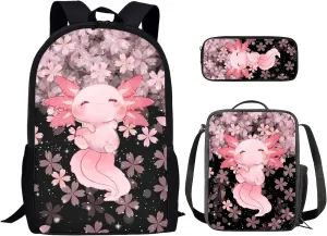 3 IN 1 Cute Axolotl Backpack Cherry Blossom School Bag Set for Kids Girls Children Schoolbag Primary Preschool Secondary School Backpack Kindergarten Bookbag