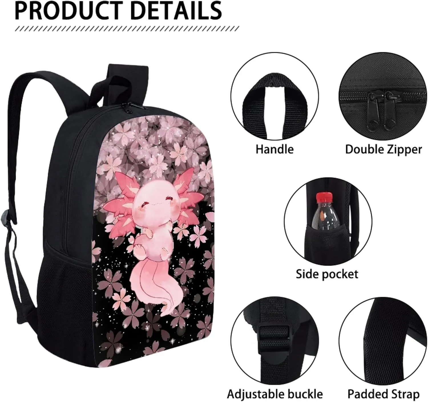 3 IN 1 Cute Axolotl Backpack Cherry Blossom School Bag Set for Kids Girls Children Schoolbag Primary Preschool Secondary School Backpack Kindergarten Bookbag