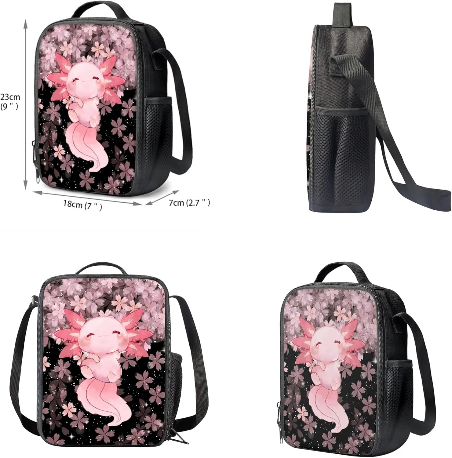 3 IN 1 Cute Axolotl Backpack Cherry Blossom School Bag Set for Kids Girls Children Schoolbag Primary Preschool Secondary School Backpack Kindergarten Bookbag