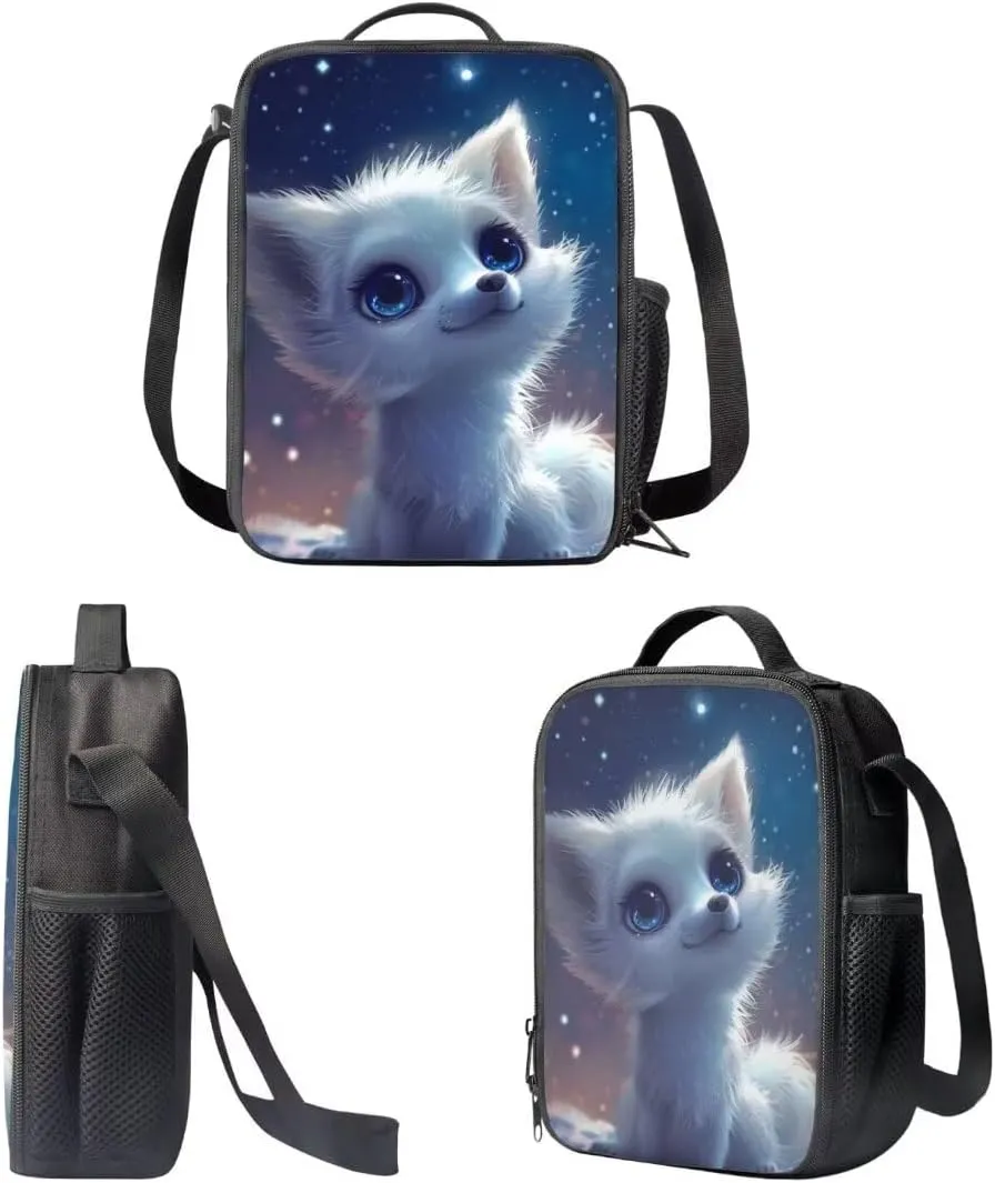 3 In 1 Kawaii Backpack Sets For Boys Girls 17 Inch Cartoon Arctic Fox Print Elementary School Bag With Lunch Bag Pen Bag