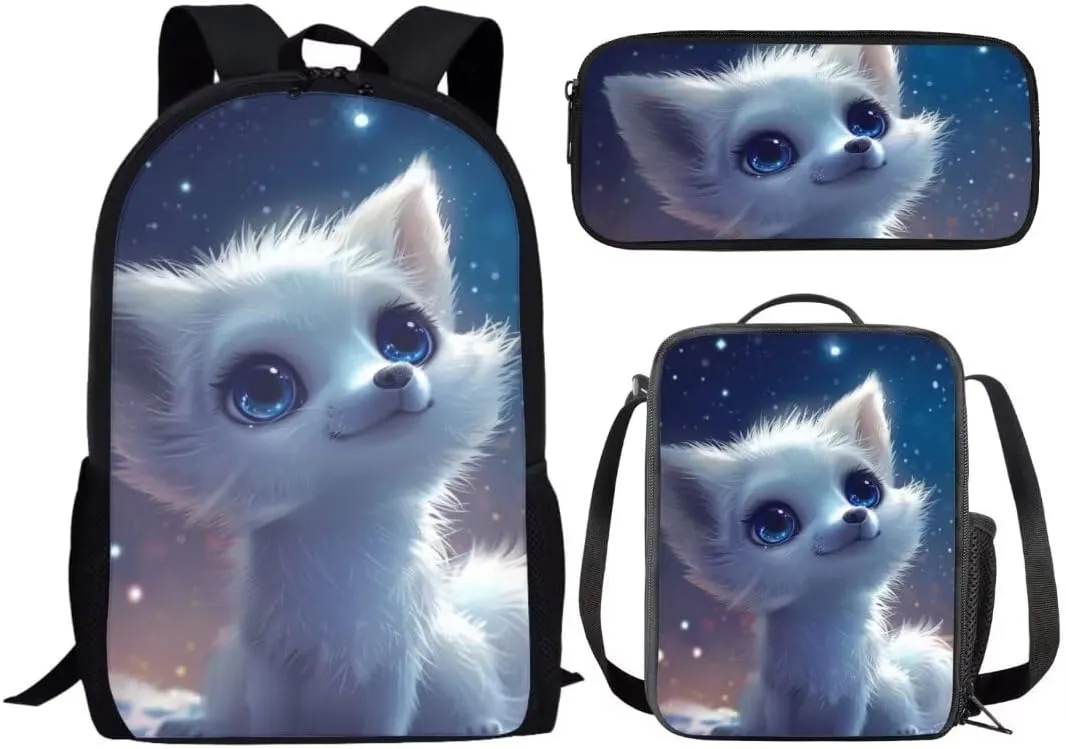 3 In 1 Kawaii Backpack Sets For Boys Girls 17 Inch Cartoon Arctic Fox Print Elementary School Bag With Lunch Bag Pen Bag