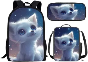 3 In 1 Kawaii Backpack Sets For Boys Girls 17 Inch Cartoon Arctic Fox Print Elementary School Bag With Lunch Bag Pen Bag