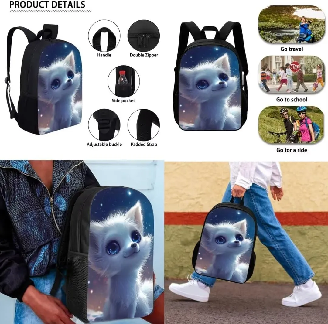 3 In 1 Kawaii Backpack Sets For Boys Girls 17 Inch Cartoon Arctic Fox Print Elementary School Bag With Lunch Bag Pen Bag