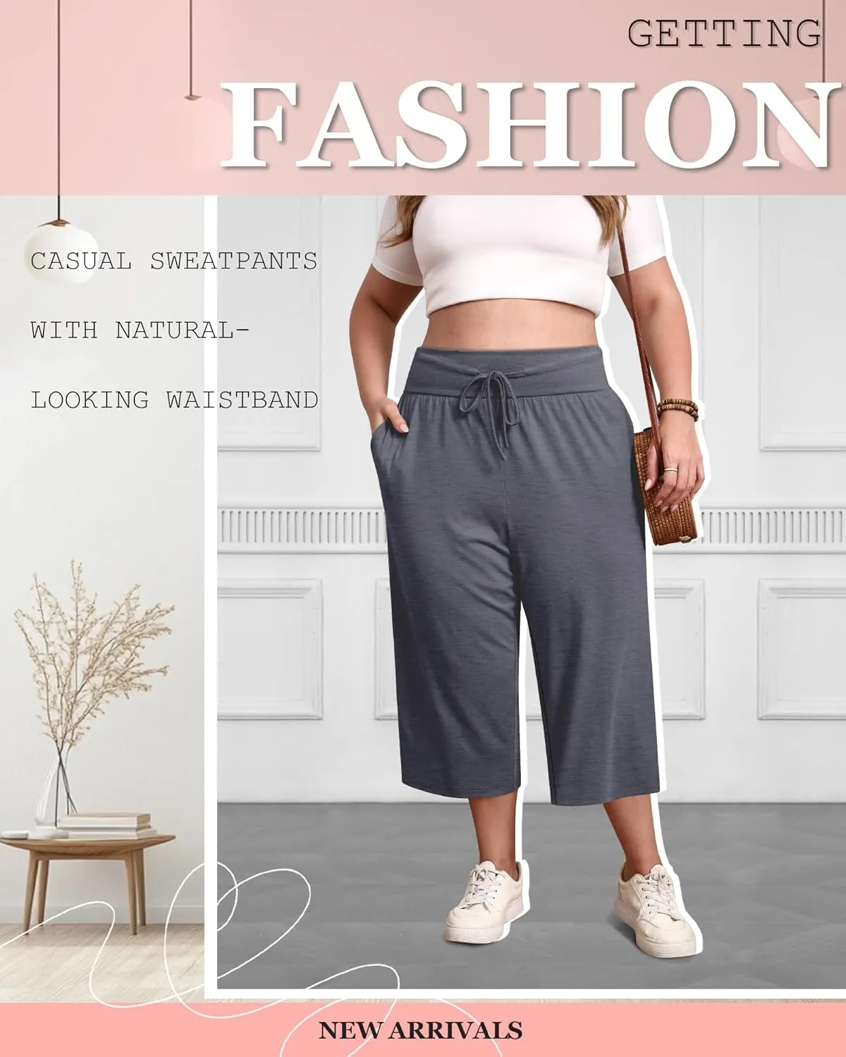 3 Pack Women's Plus Size Capri Pants, Cotton Drawstring Capris Sweatpants Casual Summer Cropped Pants with Pockets