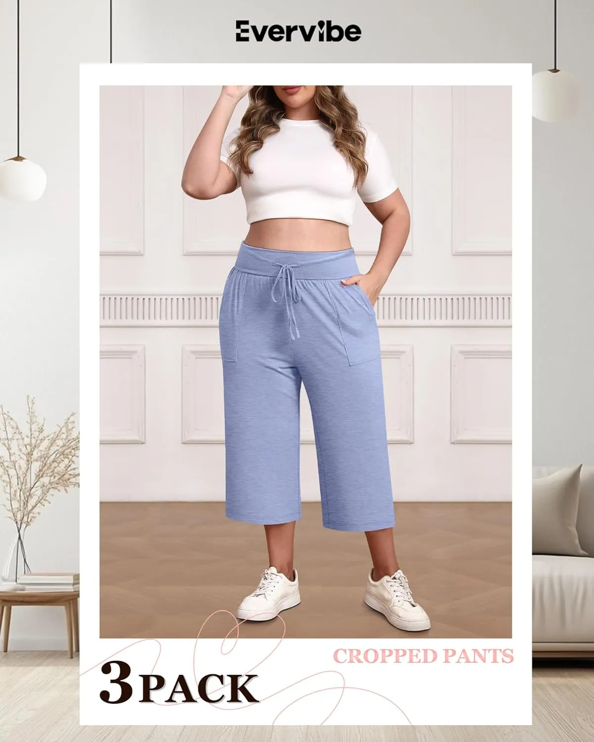 3 Pack Women's Plus Size Capri Pants, Cotton Drawstring Capris Sweatpants Casual Summer Cropped Pants with Pockets