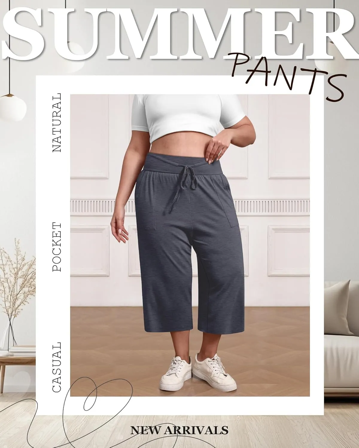 3 Pack Women's Plus Size Capri Pants, Cotton Drawstring Capris Sweatpants Casual Summer Cropped Pants with Pockets