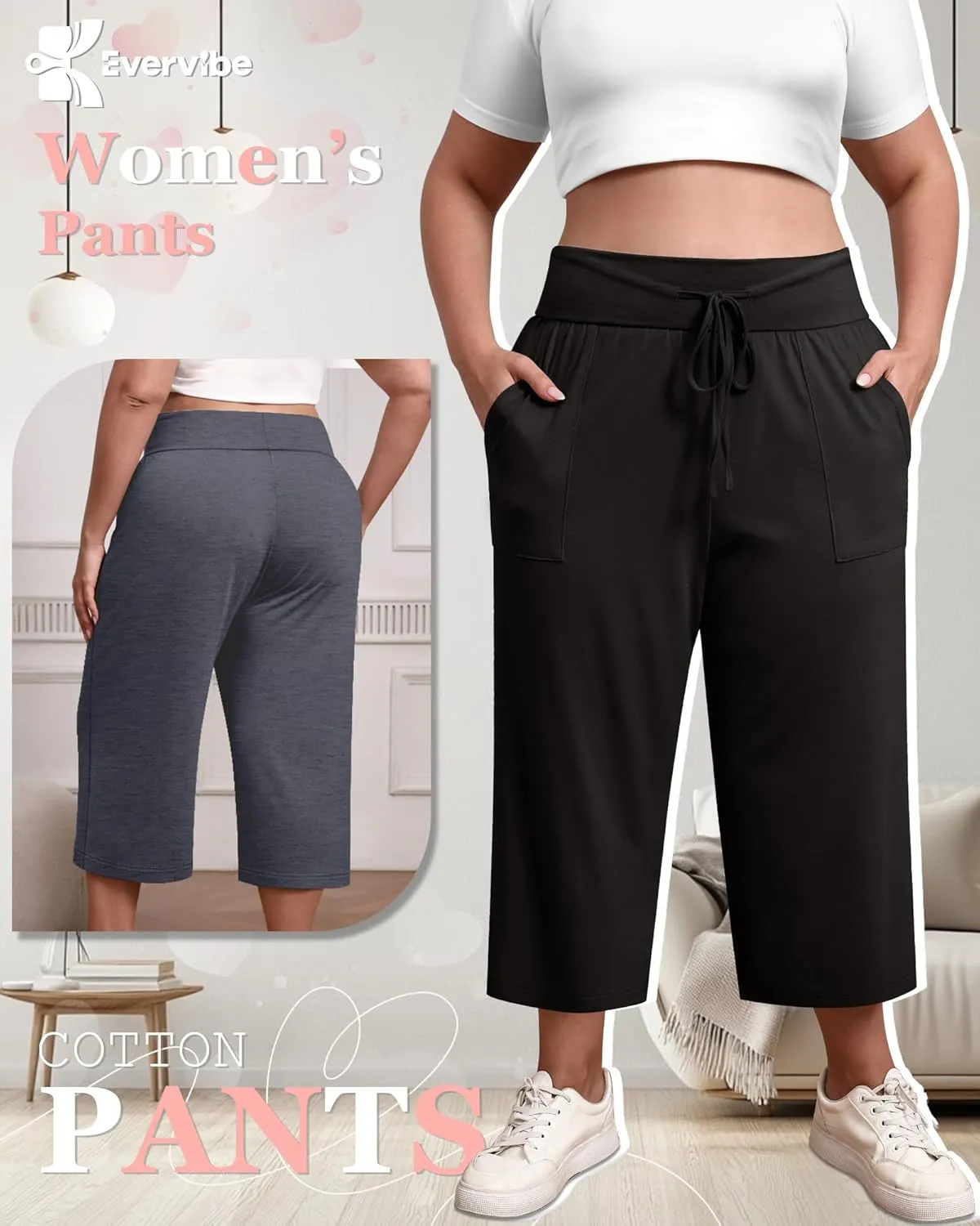 3 Pack Women's Plus Size Capri Pants, Cotton Drawstring Capris Sweatpants Casual Summer Cropped Pants with Pockets