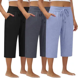 3 Pack Women's Plus Size Capri Pants, Cotton Drawstring Capris Sweatpants Casual Summer Cropped Pants with Pockets