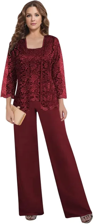 3 PCS Mother of The Bride Pant Suits for Women Dressy Wedding 2025 Chiffon Lace Formal Evening Party Outfits