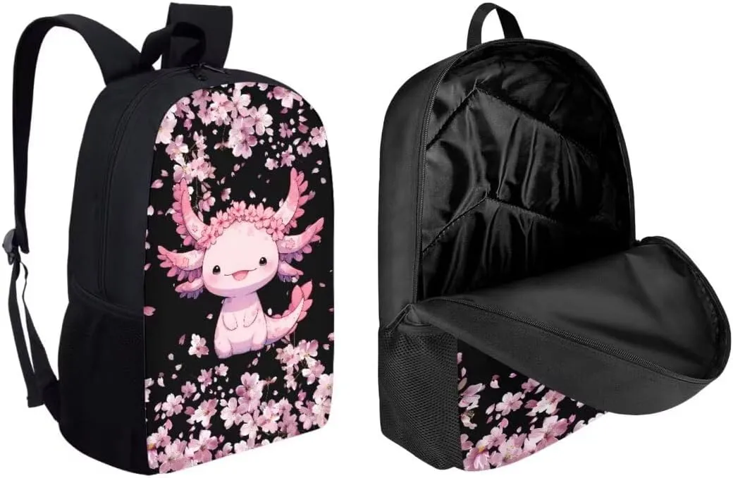 3 Piece Backpack Sets For Girls 17 Inch Axolotl Cherry Blossom Print Cute Elementary School Bag With Lunch Pen Bags