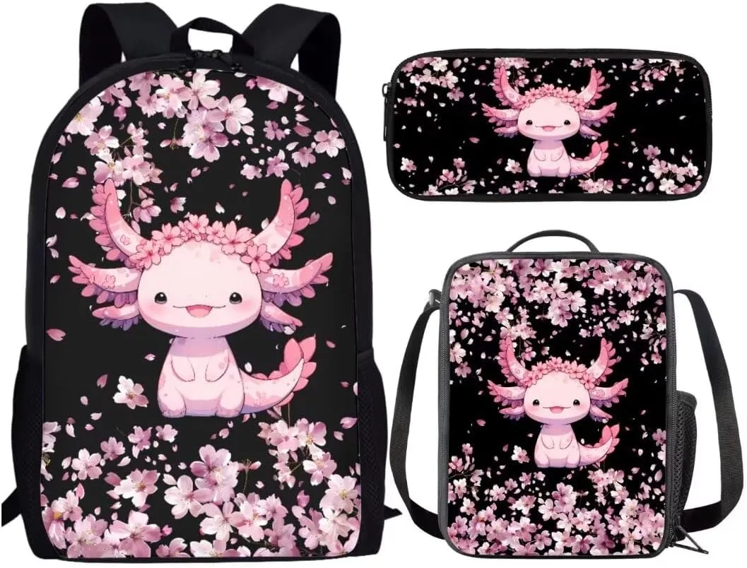 3 Piece Backpack Sets For Girls 17 Inch Axolotl Cherry Blossom Print Cute Elementary School Bag With Lunch Pen Bags