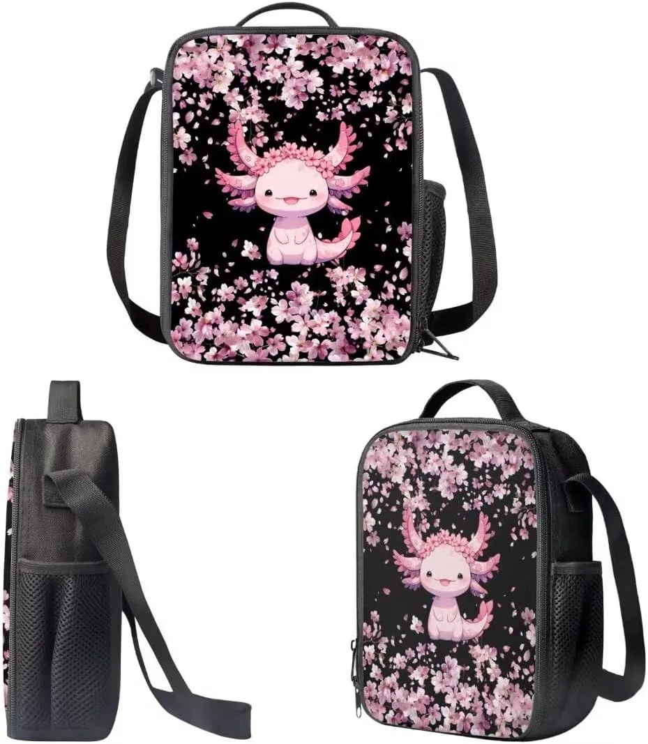3 Piece Backpack Sets For Girls 17 Inch Axolotl Cherry Blossom Print Cute Elementary School Bag With Lunch Pen Bags