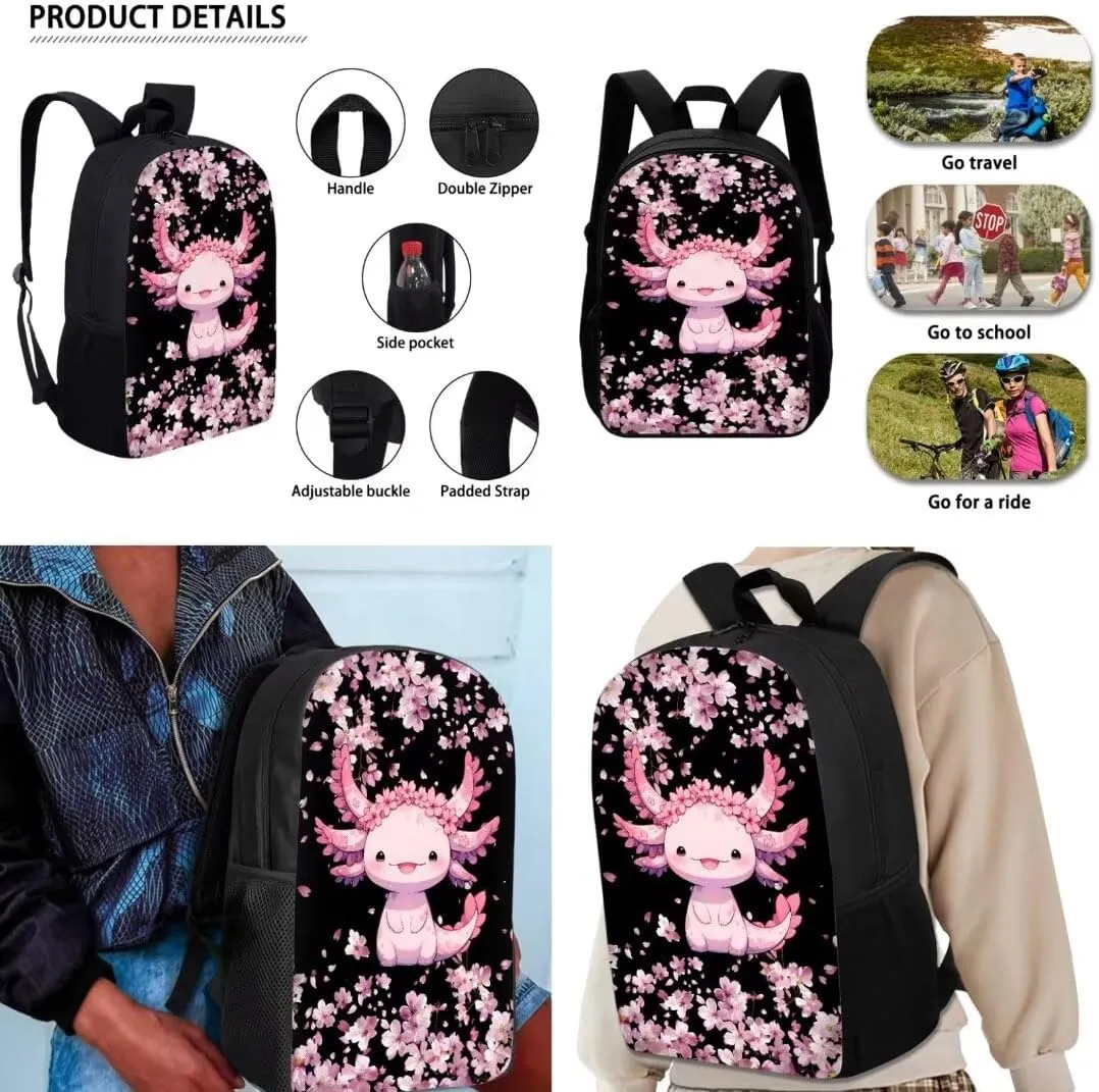 3 Piece Backpack Sets For Girls 17 Inch Axolotl Cherry Blossom Print Cute Elementary School Bag With Lunch Pen Bags