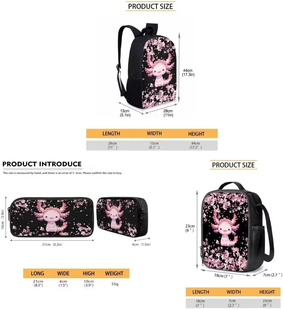 3 Piece Backpack Sets For Girls 17 Inch Axolotl Cherry Blossom Print Cute Elementary School Bag With Lunch Pen Bags