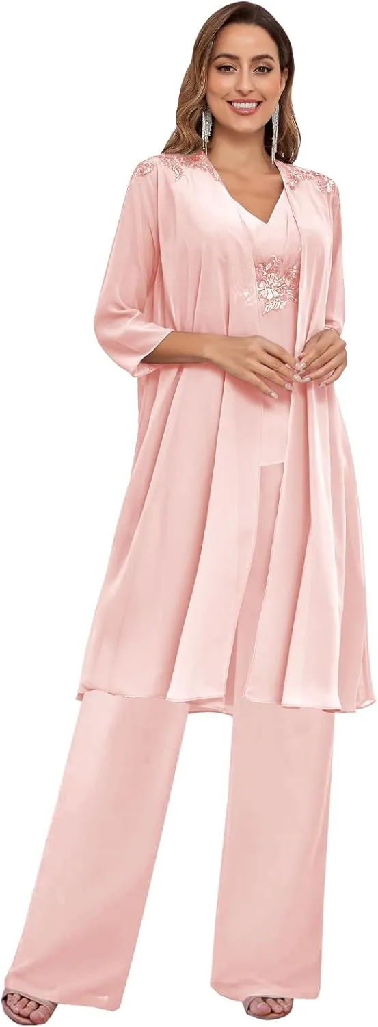 3 Piece Mother of The Bride Pantsuits with Jacket 3/4 Sleeve V Neck Formal Evening Pants Outfit for Women