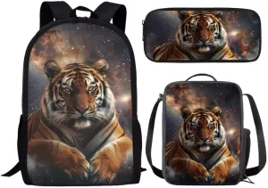 3 Piece Tiger Backpack Sets For Kids Boys Cool Elementary Middle 17 Inch School Bag With Insulated Lunch Bag Zipper Pen Bag