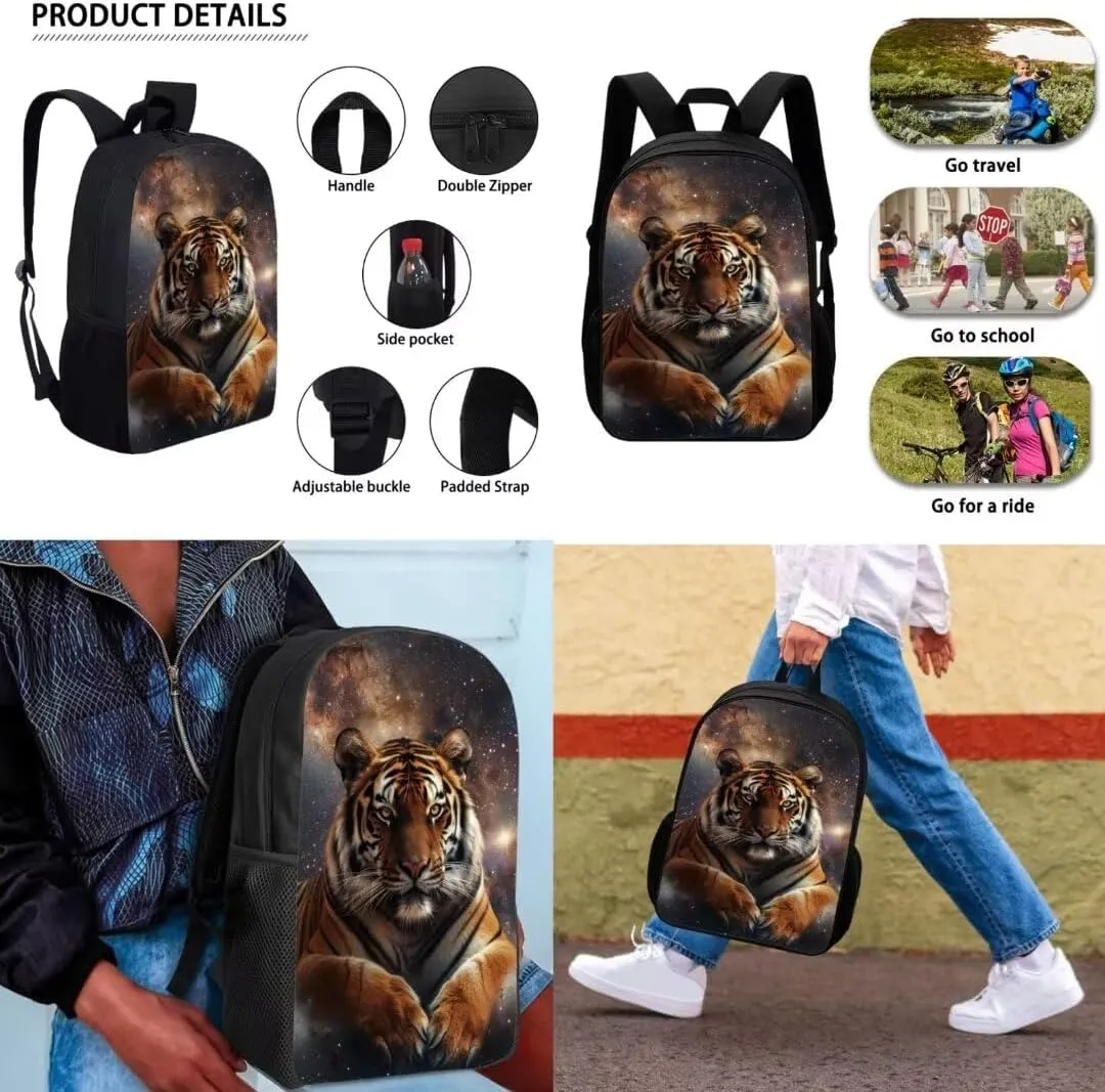 3 Piece Tiger Backpack Sets For Kids Boys Cool Elementary Middle 17 Inch School Bag With Insulated Lunch Bag Zipper Pen Bag