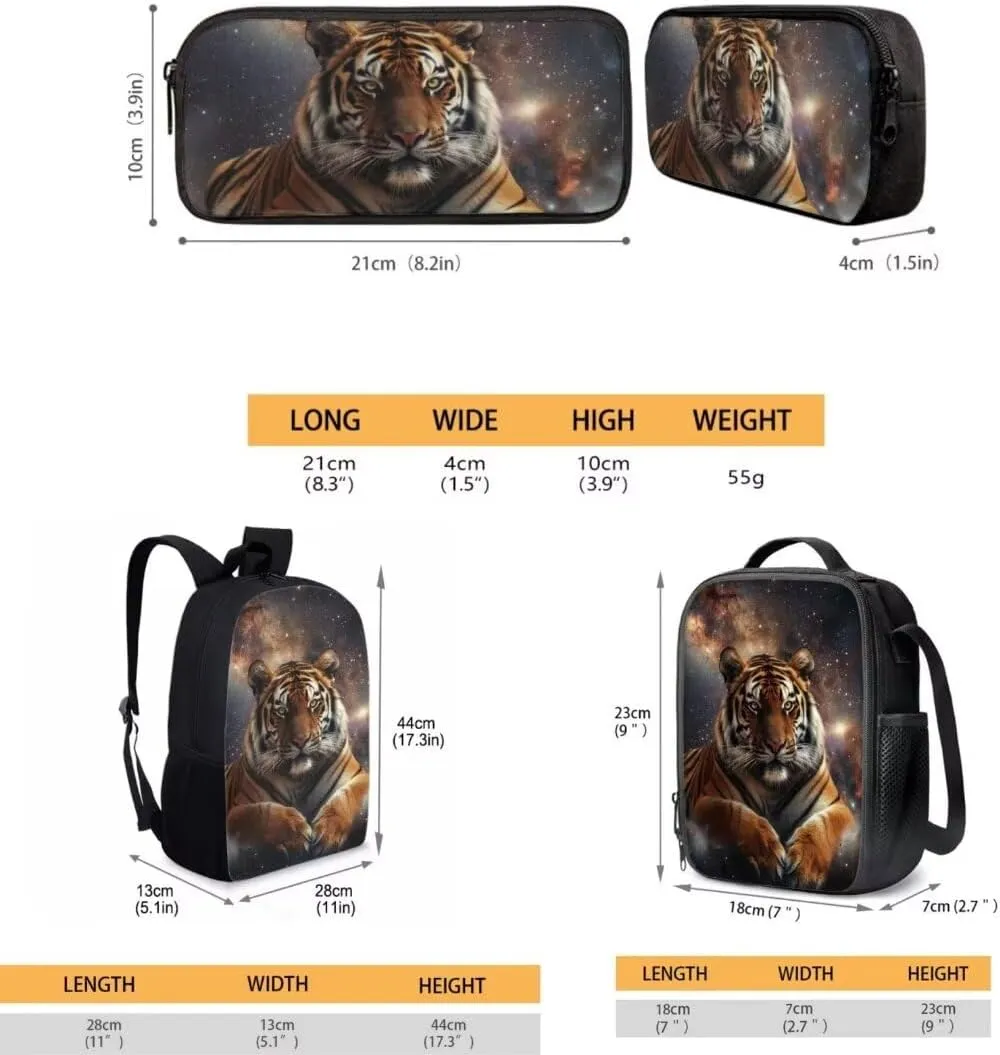 3 Piece Tiger Backpack Sets For Kids Boys Cool Elementary Middle 17 Inch School Bag With Insulated Lunch Bag Zipper Pen Bag