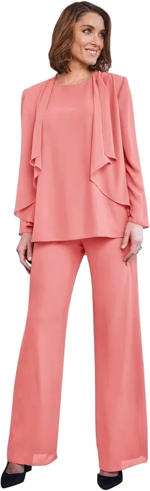 3 Pieces Classy Mother of The Bride Pant Suits with Jacket Long Sleeve Chiffon Pants Suits for Women Dressy