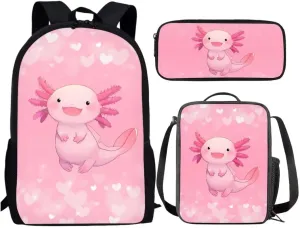 3 Pieces School Bag With Lunch Box Pencil Bag Cartoon Pink Axolotl Double Zipper Backpack Insulated Lunch Box Pencil Case For Kids Girls