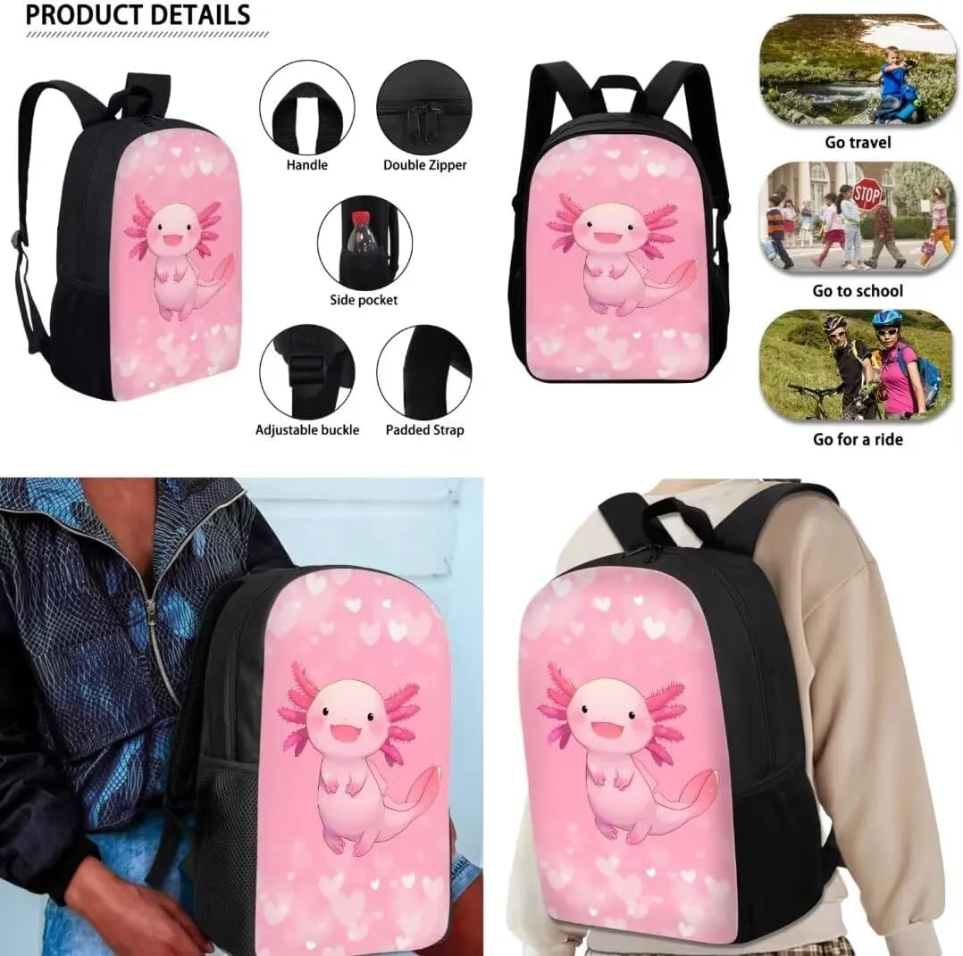 3 Pieces School Bag With Lunch Box Pencil Bag Cartoon Pink Axolotl Double Zipper Backpack Insulated Lunch Box Pencil Case For Kids Girls