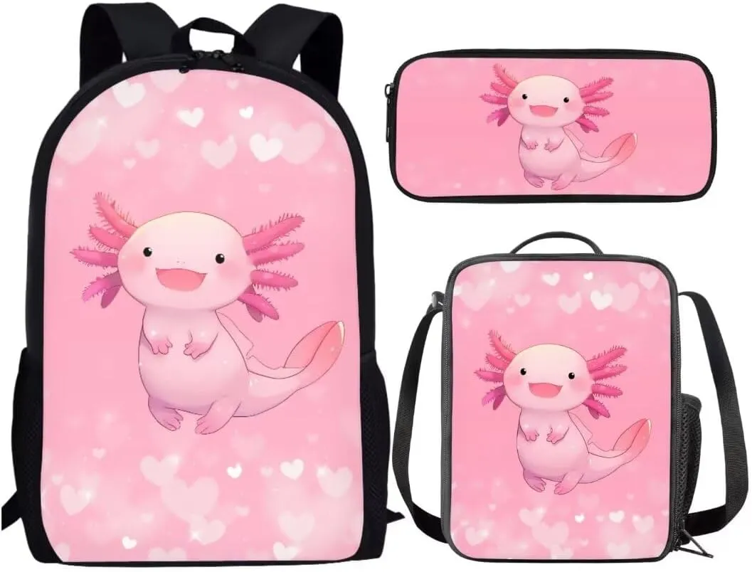 3 Pieces School Bag With Lunch Box Pencil Bag Cartoon Pink Axolotl Double Zipper Backpack Insulated Lunch Box Pencil Case For Kids Girls