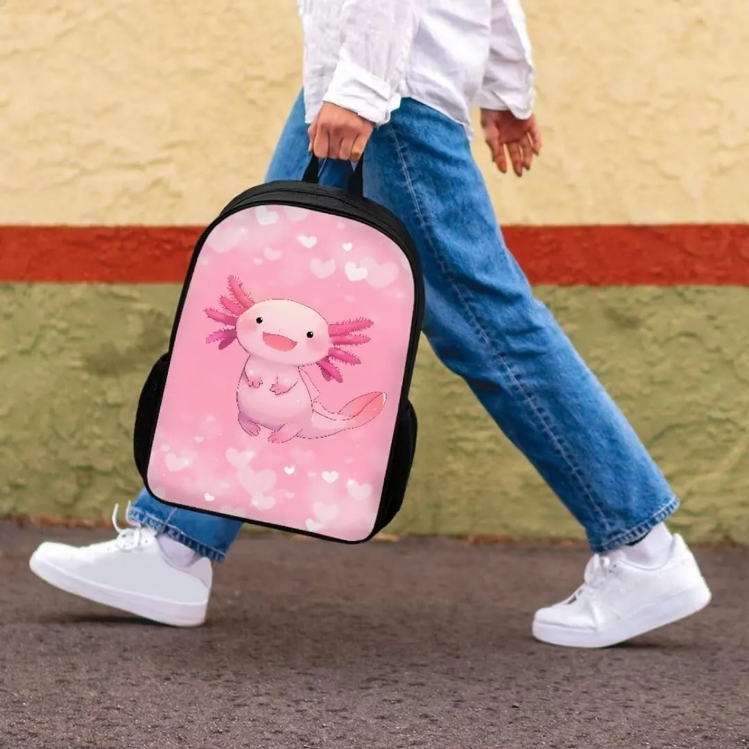 3 Pieces School Bag With Lunch Box Pencil Bag Cartoon Pink Axolotl Double Zipper Backpack Insulated Lunch Box Pencil Case For Kids Girls