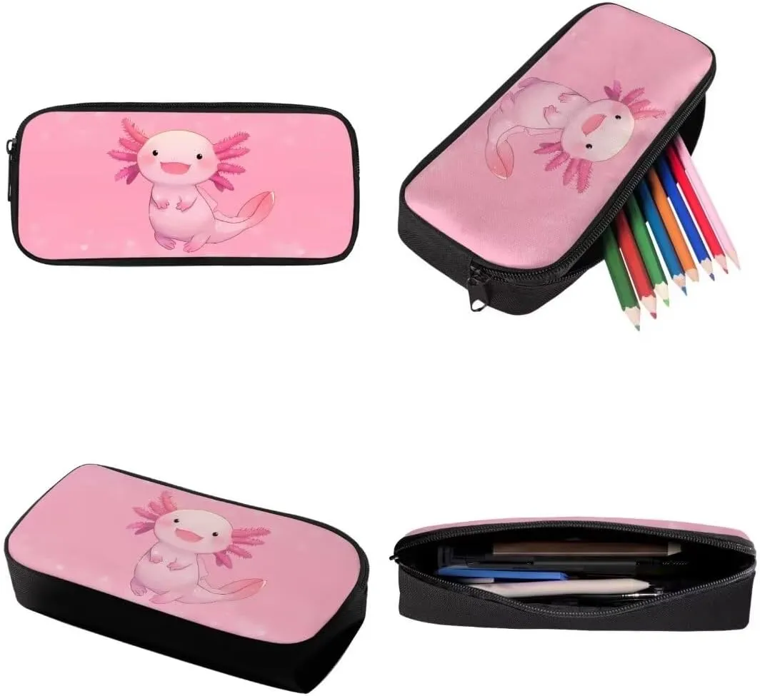 3 Pieces School Bag With Lunch Box Pencil Bag Cartoon Pink Axolotl Double Zipper Backpack Insulated Lunch Box Pencil Case For Kids Girls