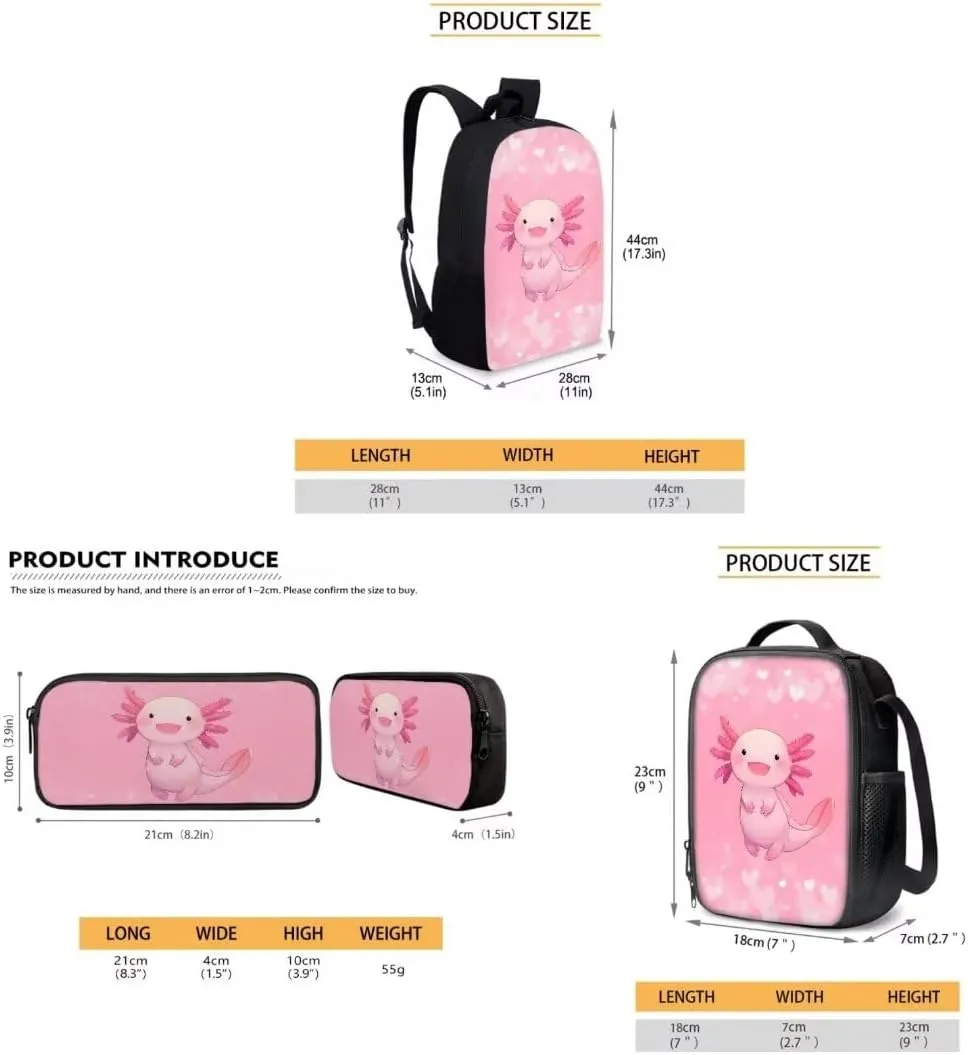 3 Pieces School Bag With Lunch Box Pencil Bag Cartoon Pink Axolotl Double Zipper Backpack Insulated Lunch Box Pencil Case For Kids Girls