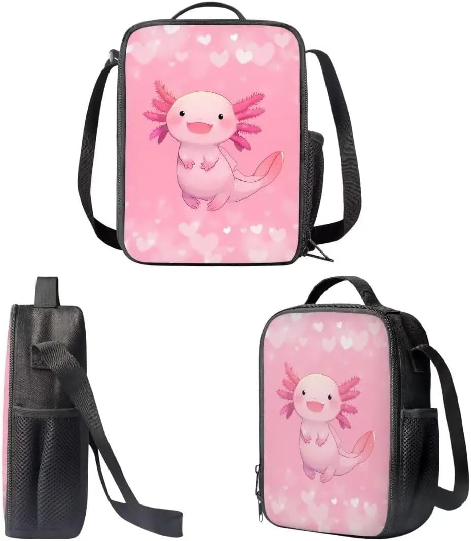 3 Pieces School Bag With Lunch Box Pencil Bag Cartoon Pink Axolotl Double Zipper Backpack Insulated Lunch Box Pencil Case For Kids Girls
