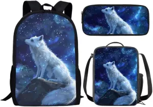 3pcs Arctic Fox Backpack With Lunch Box Pencil Case Cool 17 Inch Large Durable Book Bag For Boys Girls Elementary School Bag