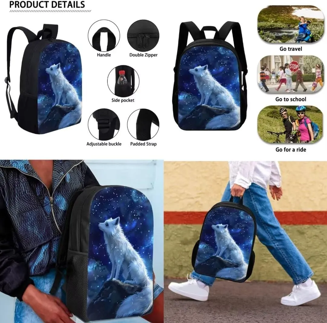 3pcs Arctic Fox Backpack With Lunch Box Pencil Case Cool 17 Inch Large Durable Book Bag For Boys Girls Elementary School Bag