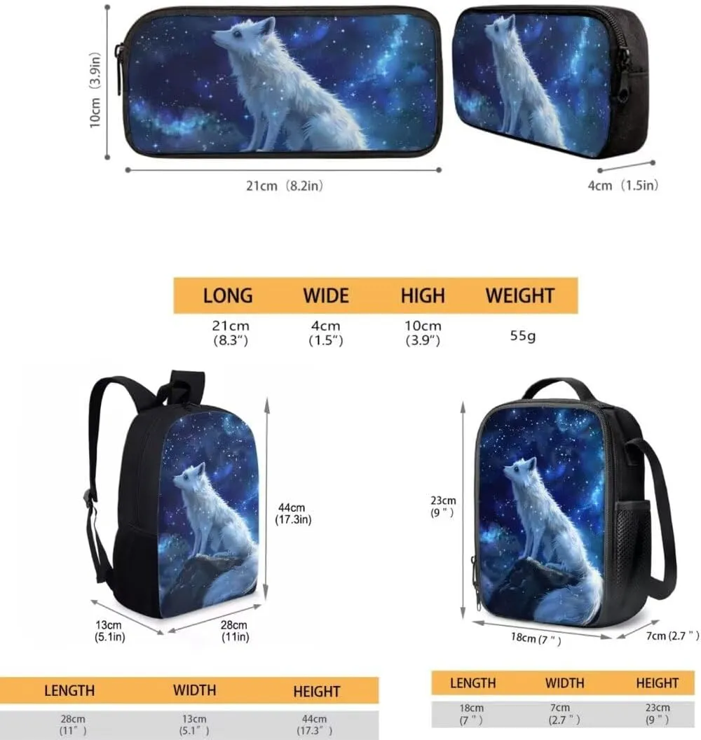 3pcs Arctic Fox Backpack With Lunch Box Pencil Case Cool 17 Inch Large Durable Book Bag For Boys Girls Elementary School Bag