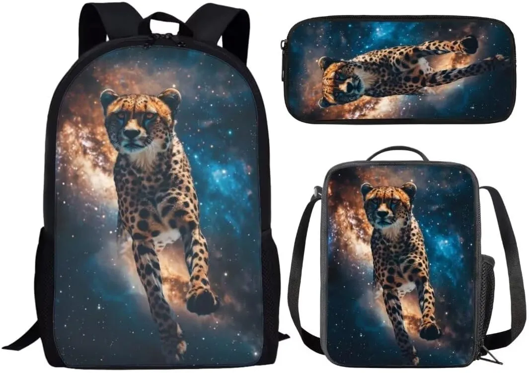 3pcs Cheetah Backpack Sets For Kids Boys Elementary 17 Inch Double Zipper School Bag With Lunch Box Pencil Bag