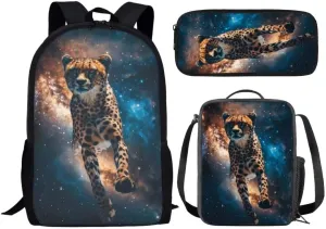 3pcs Cheetah Backpack Sets For Kids Boys Elementary 17 Inch Double Zipper School Bag With Lunch Box Pencil Bag