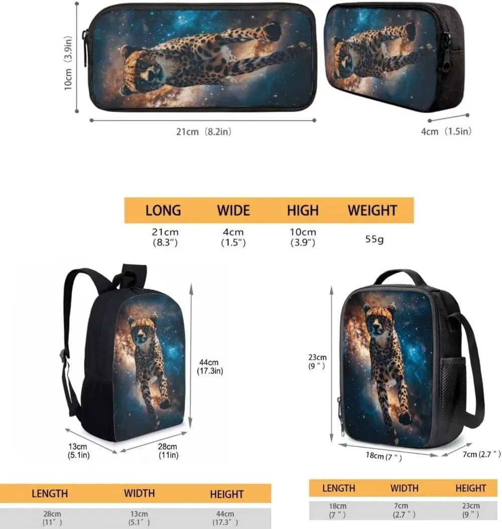 3pcs Cheetah Backpack Sets For Kids Boys Elementary 17 Inch Double Zipper School Bag With Lunch Box Pencil Bag