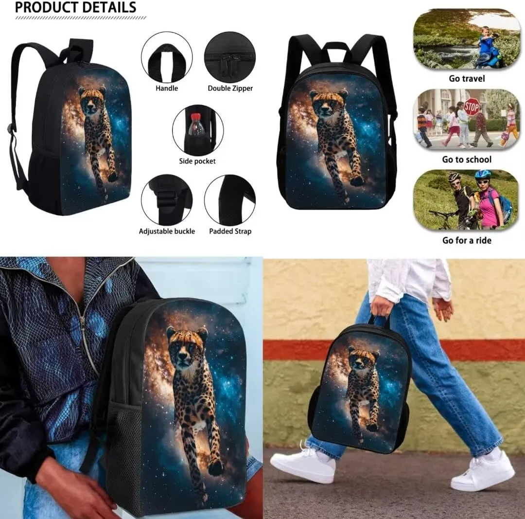 3pcs Cheetah Backpack Sets For Kids Boys Elementary 17 Inch Double Zipper School Bag With Lunch Box Pencil Bag