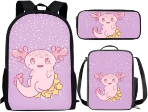 3pcs Kawaii Backpack For Girls Kids Cartoon Axolotl Print 17 Inch Student School Backpack With Lunch Bag Pen Bag Set