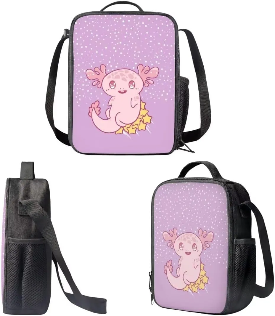 3pcs Kawaii Backpack For Girls Kids Cartoon Axolotl Print 17 Inch Student School Backpack With Lunch Bag Pen Bag Set